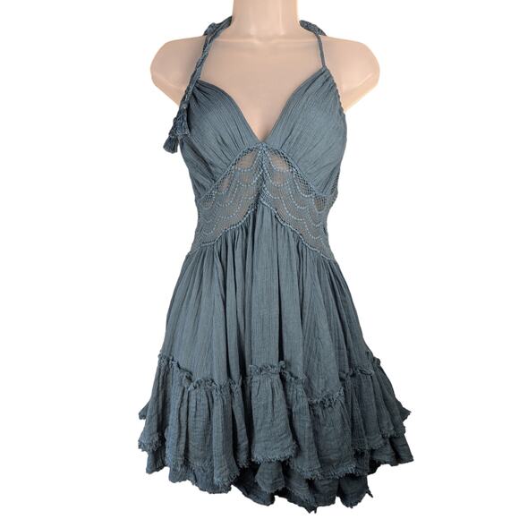 Free People Dresses & Skirts - Free People S 100 Degree Mini Dress Tunic Oversized Teal Blue Cotton Summer Boho